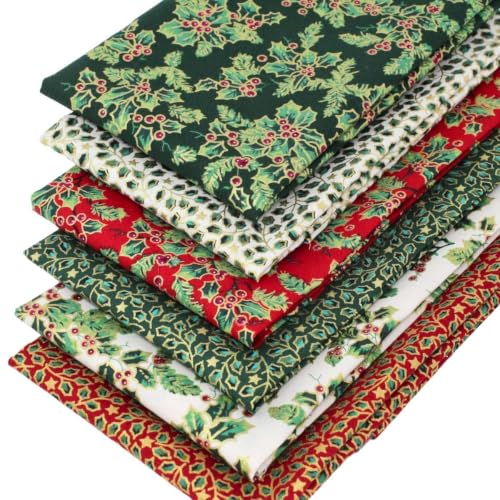 6 Fat Quarters Bundle - Jolly Christmas Holly Festive Fabrics in Red Green Ivory & Gold. 100% Cotton Ideal For Xmas Quilting Patchwork & Crafting (with free patchwork pattern by Overdale Fabrics)
