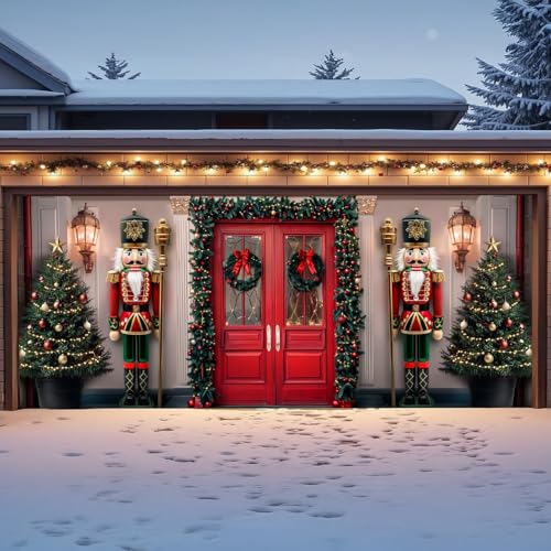 7 x 16 Ft Garage Door Christmas Decorations Outdoor, Large Xmas Nutcracker Soldiers Welcome Scene Christmas Garage Door Cover, Rustic Vintage Buddy Christmas for Home Wall Patio Yard Outside by Bunny Chorus - Used condition - US$17.58