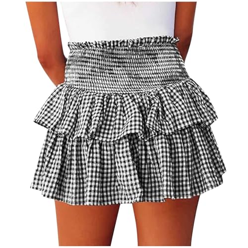 Plaid Tiered Mini Skirts for Women 2025 High Waist Ruffle Flowy Layered Ruffle Summer Casual Beach Boho Short Skirt