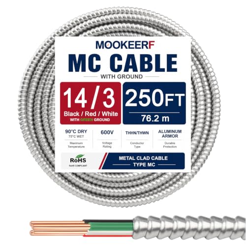 Image of MOOKEERF 14 /3 MC Cable with Ground - 250FT Pure Copper 14AWG /3 Metal Clad Wire with Aluminum Armor 14 Gauge 3 Conductor Type MC Alum Cable
