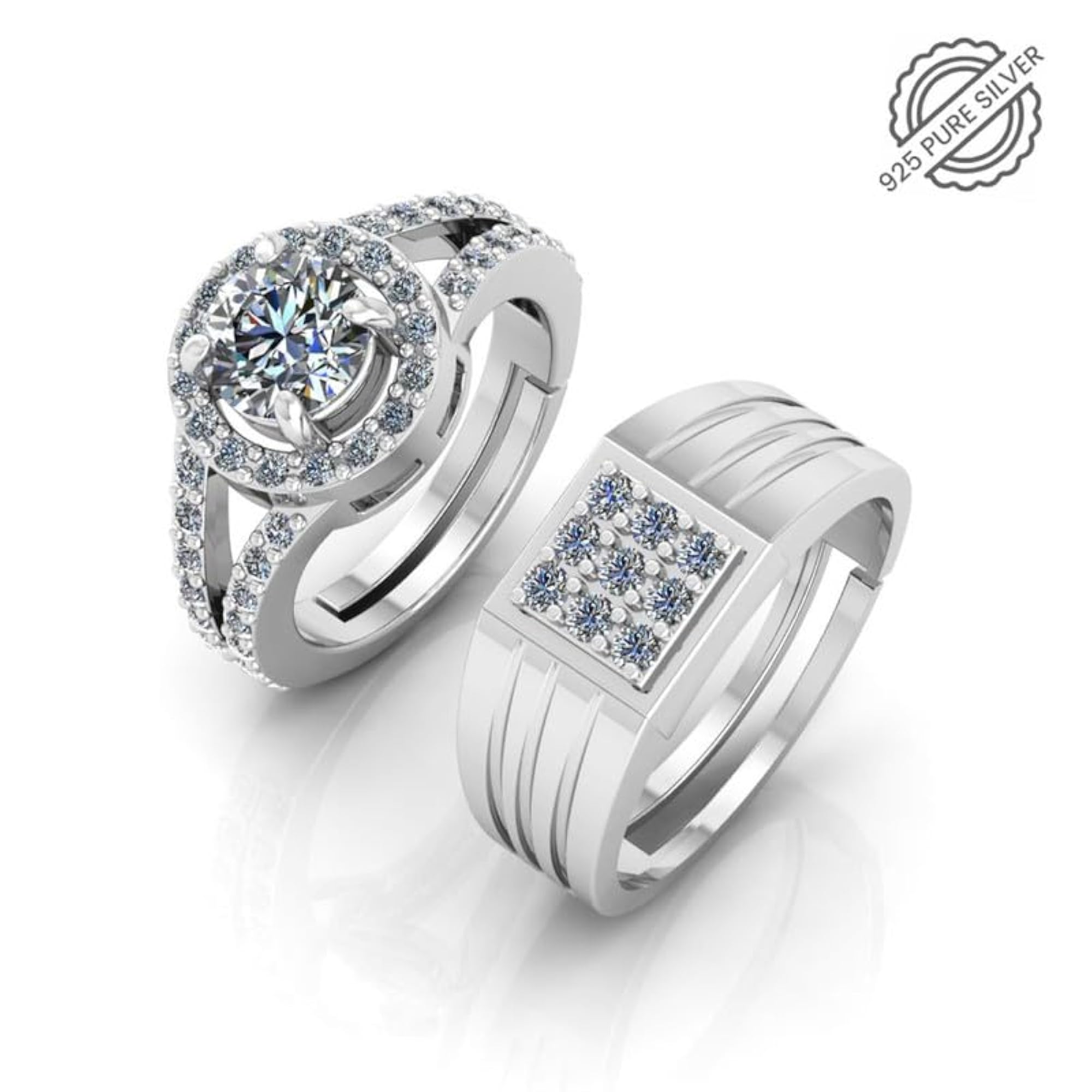 925 Pure Silver Adjustable Rings for Couple, Rhodium Plated