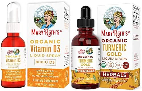Vitamin D3 Liquid Spray & Turmeric Gold Liquid Drops Bundle by MaryRuth's | Plant-Based from Lichen Organic Non-GMO | Liquid Herbal Blend for Immune & Digestive Support