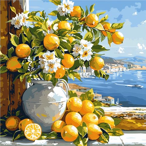 DAERLE Paint by Numbers for Adults, Lemon Tree, Painting by Number Kits On Canvas, Oil Painting Acrylic Paints, Home Wall Decor 16x16inch/40x40cm, Without Frame Sea View
