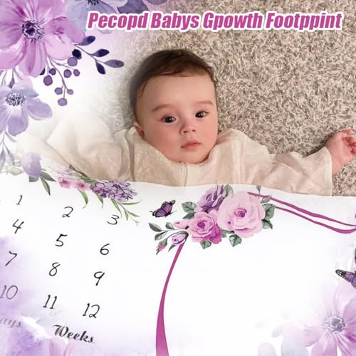 Image of Milestone Blanket for Baby Girl (Purple 60x40 Inches), with Photo Aid Frame, Saliva Towel, Erasable Writing Board, Hair Band, Documenting Growth。