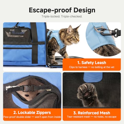 Soft-Sided Travel Cat Carrier with Safety Buckles, Lockable Zippers & Safety Tether, Escape-Proof Collapsible Pet Carrier for Car Rides & Vet Visits, Airline Approved Underseat, Up to 12lbs - Image 5