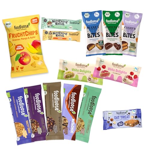 foodloose Kennenlernpaket | Vegane Süßigkeitenbox mit 14 verschiedenen Bio-Snacks | Leckerer Mix aus Nussriegeln, Nut Butter Bites, White Delights, Fruchtchips, Hafer-Riegel und mehr