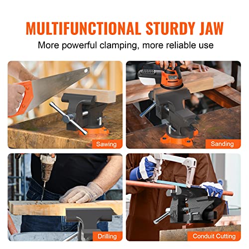 Image of VEVOR Bench Vise, 4.5-inch Jaw Width 3.3-inch Jaw Opening, 240-Degree Swivel Locking Base Multipurpose Vise w /Anvil, Heavy Duty Cast Iron Workbench Vise w /Bolts & Nuts, for Drilling, Pipe Cutting | for Drilling Grinding Cutting, with Large Anvil Area, Multipurpose Workbench Vise, Heavy Duty Cast Iron, with Bolts & Nuts