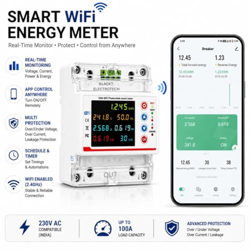 Image of Blackt Electrotech 100 Amps WiFi Bi-Directional Energy Meter (BT710BE) Smart Circuit Breaker with Under /Overcurrent /Delay /Time Control /Leakage Protection inch (Single Phase)