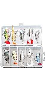 WUWYOUWL Set di esche da pesca, 5 pezzi, 8 cm, con testa morbida per pesci di mare, attrezzatura da pesca con amo acuto affilato, coda a T, esche artificiali (verde