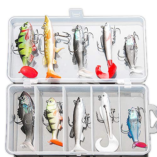 DONQL Soft Fishing Lures Kit, 10 Pcs Pre-Rigged Jig Heads Paddle Tail Swim Baits for Bass Bass, Trout, Walleye, Crappie, Sinking Swimbaits Tackle with Box, Fishing Bait for Freshwater Saltwater Gifts by DONQL - Used condition - US$7.83