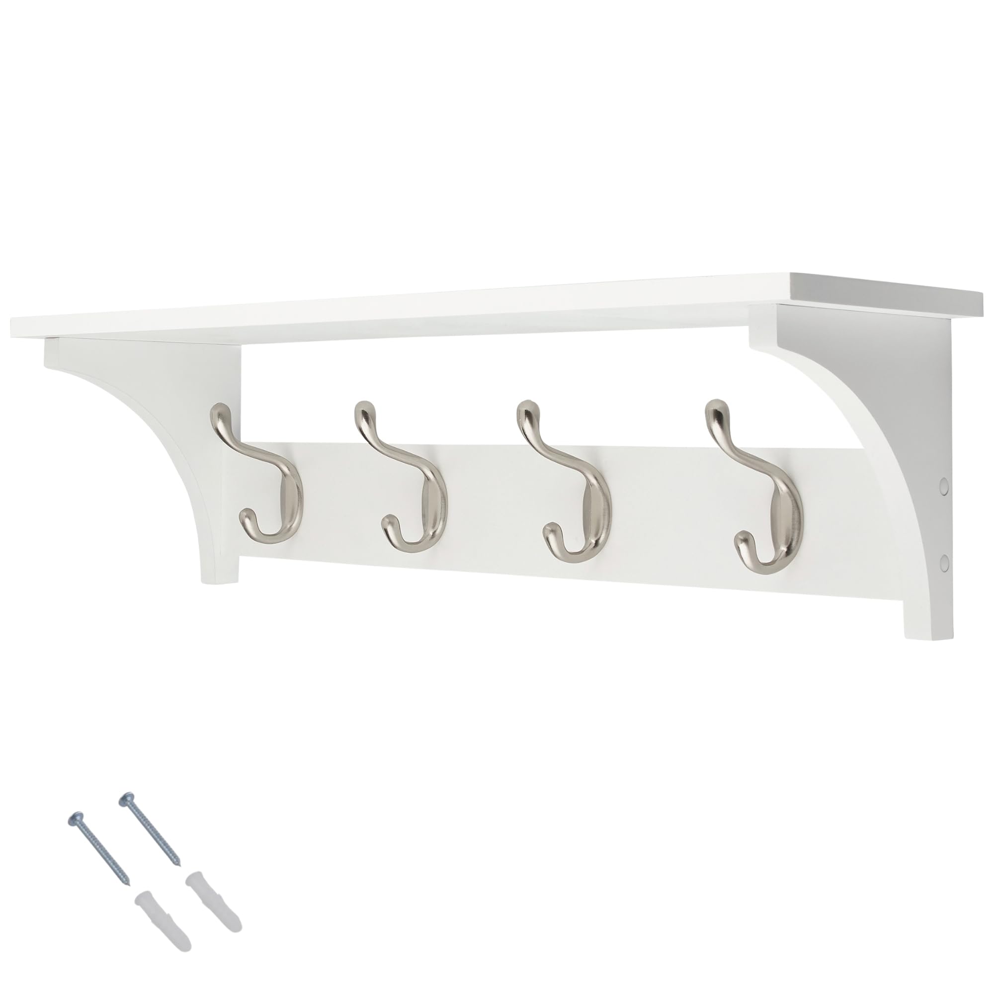 Keypak White 4 Hook Wall Shelf Coat Rack Combo With 4 Satin Nickel Hooks Rail 56Cm - Wall Mounted Coat Rack & Storage Shelf For Hallway, Bedroom, Bathroom