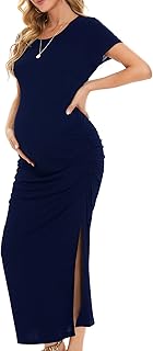 Women's Split Long Maternity Dress Short Sleeve Ruched Pregnancy Clothes - Buy now