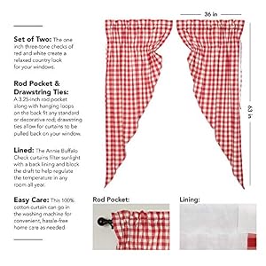VHC Brands Annie Buffalo Check Cotton Farmhouse Curtains Rod Pocket Drawstring Ties Prairie Panel Pair, 63x36x18, Red VHC Brands Annie Buffalo Check Cotton Farmhouse Curtains Rod Pocket Drawstring Ties Prairie Panel Pair 63x36x18 Red