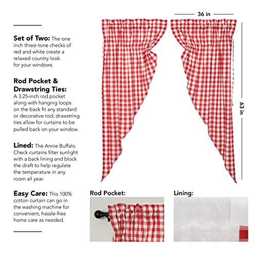 VHC-Brands-Annie-Buffalo-Check-Cotton-Farmhouse-Curtains-Rod-Pocket-Drawstring-Ties-Prairie-Panel-Pair-63x36x18-Red VHC Brands Annie Buffalo Check Cotton Farmhouse Curtains Rod Pocket Drawstring Ties Prairie Panel Pair 63x36x18 Red