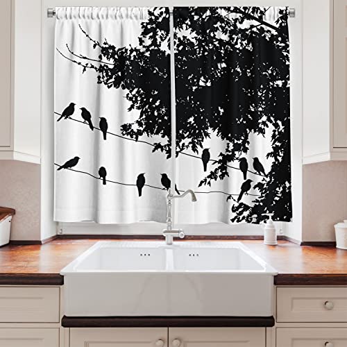 Lunarable Birds on a Wire Long Kitchen Curtains, Abstract Silhouette of a Big Tree with Leafy Branches and Little Birds, Two Panels Drapes with Rod Pocket Room Decor, 55" X 45", Black and White by Lunarable - Image 2