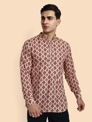 Image of Vardha Men's Cotton Printed Short Kurta with Comfortable Fit and Simple Style and Regular Look | Kurta for Men