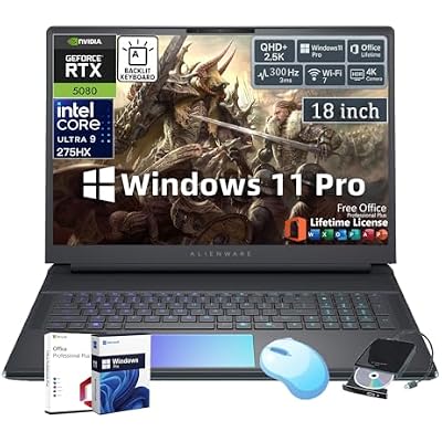 Dell Alienware 18 Area-51 Gaming Laptop NVIDIA GeForce RTX 5080 Intel Ultra 9 275HX 18 QHD+ 300Hz Display w/Office& External DVD Drive Backlit KB Win 11 Pro WiFi 7 32GB RAM 1 TB SSD