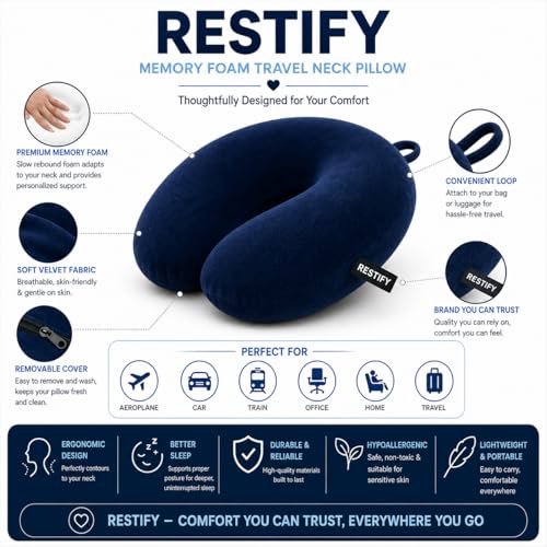 Image of Restify Premium Memory Foam Travel Neck Pillow | Soft Velvet U Shape Neck Support Cushion for Flight, Airplane, Car & Office Travel | Portable Pillow for Men & Women | Navy Blue