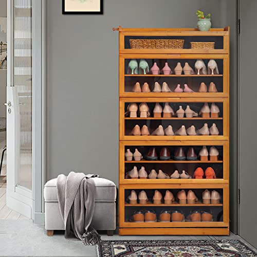 Monibloom Large Shoe Storage Cabinet With Acrylic Doors 9 Tier Bamboo Free Standing Narrow Shoes Rack For 41-45 Pairs Entryway Hallway Living Room, Brown #TOP6