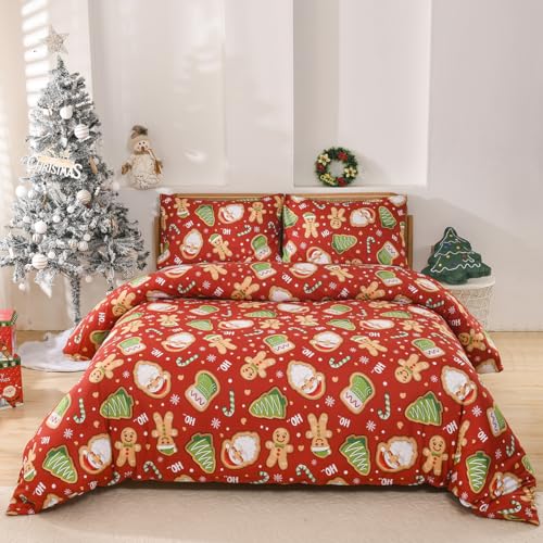 Luowei Juego de ropa de cama de invierno y Navidad, 155 x 220 cm, color rojo, suave, lindo, diseño de Papá Noel, microfibra, funda nórdica para adolescentes, niñas y niños con cremallera y 2 fundas de