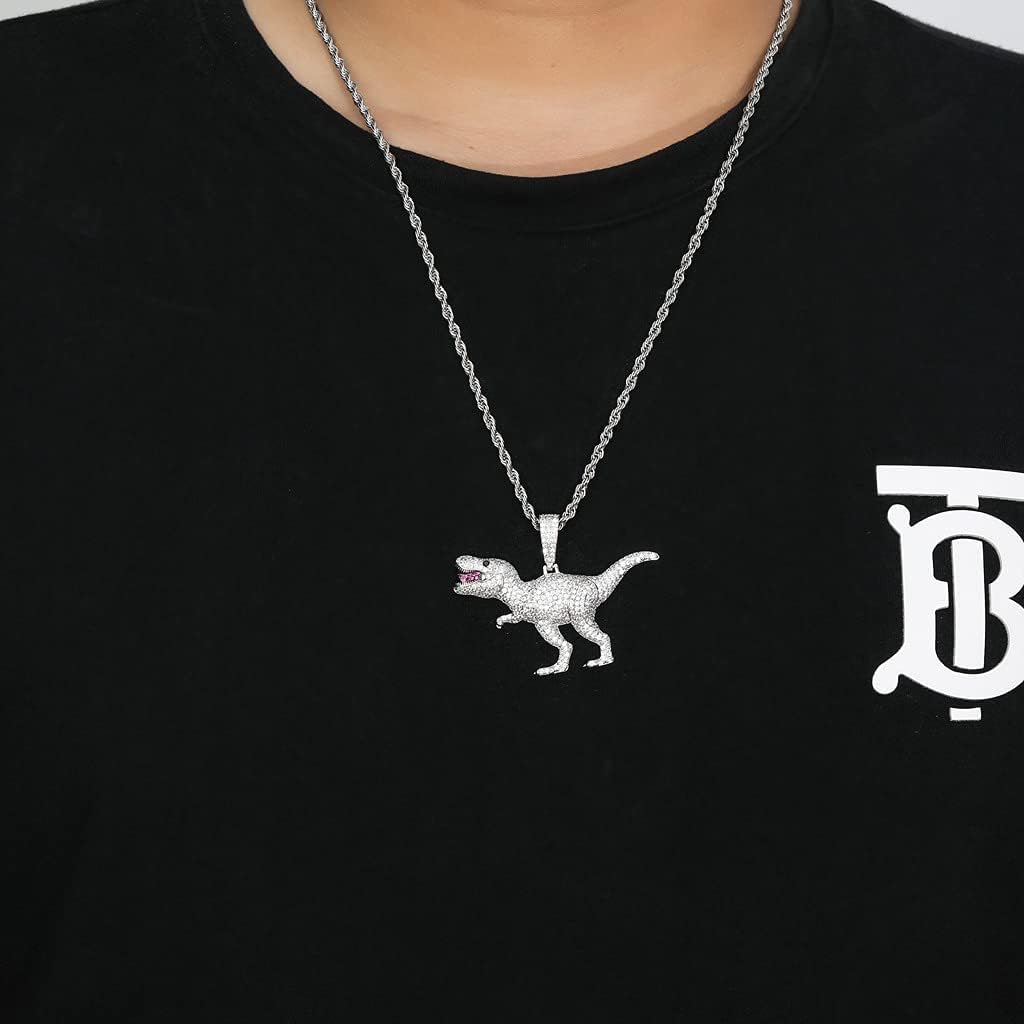 Jewelry Tyrannosaurus Dinosaur Pendant Necklace Iced Out Bling 5A+ Zirconia Necklace with 24" Stainless Steel Twist Chain