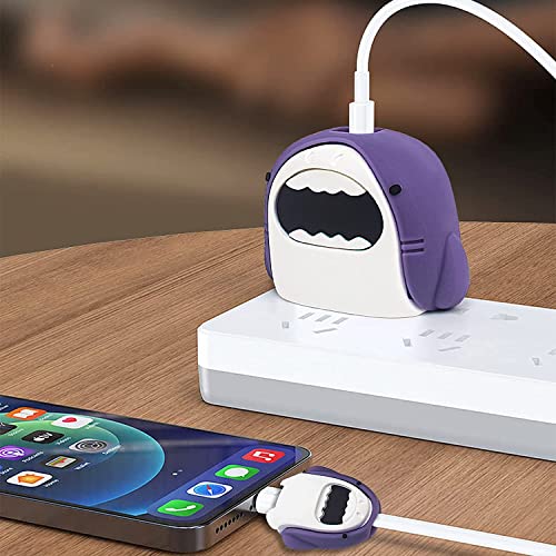 Image of Meyaar Silicone Protective Case for Apple 20W & 18W iPhone USB-C Power Adapter Charger and for USB Lightning Cable, 3D Cartoon Case for iPhone Charger 18W /20W Only (Shark (Grey))