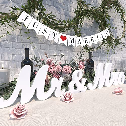 Large White Wooden Mr & Mrs Sign with Just Married Banner White Sweetheart Table Decorations & Photo Props for Anniversary Parties