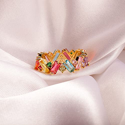 Kemstone Colorful Dainty Cubic Zirconia Rainbow Square Zircon Statement Ring For Women #TOP4