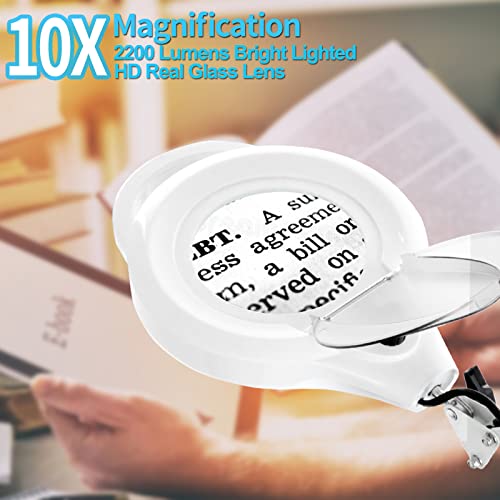 10X Magnifying Lamp With Clamp, Kirkas 2200 Lm Super Bright And Stepless Dimming Magnifying Glass With Light, Real Glass Lens Lighted Magnifier Light For Close Work, Crafts, Reading, Repair - White #TOP2