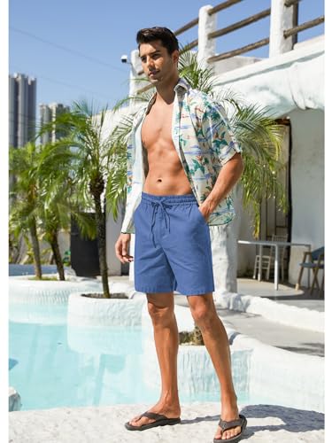 Image of RQP Mens Cotton Linen Shorts Casual Drawstring 7inch Inseam Shorts Stretch Summer Beach Wear