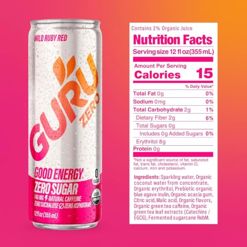 Image of GURU Zero Sugar Energy Drink, Ruby Red, 12 Fl Oz, 12 Pack | 140 MG Natural Caffeine for Workouts, Performance & Midday Boost, With Real Fruit Juice, L-Theanine, Plant Based, Gluten Free