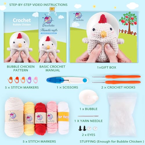 Image of Crochetta Crochet Kit for Beginners, Squeeze Bubble Amigurumi Crocheting Kits w Step-by-Step Video Tutorials, Knitting Starter Supplies for Adults Kids, Anxiety Relief Bubble Chicken (40%+ Yarn)