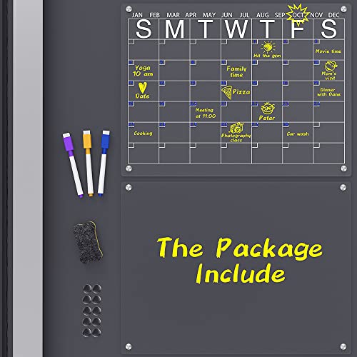 Magnetic Dry Erase Calendar And Board For Fridge, Clear 2 Set Acrylic Fridge Calendar, 16"X12" Inch Magnetic Dryerase Board For Refrigerator, Reusable Calendar Whiteboard With 3 Color Markers Offsir #TOP6