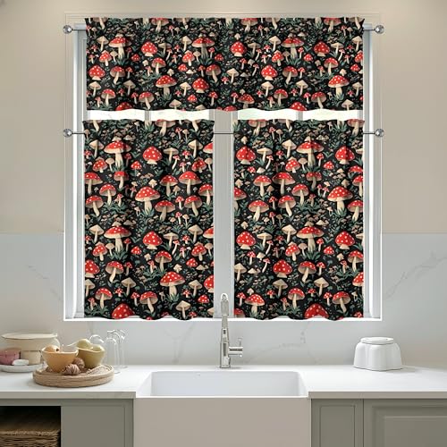 sgqjdpmc 3pcs Mushroom Kitchen Curtains and Valances Set Curtain for Funny Window Over Sink Ideas Decor for Kitchen Bedroom Bathroom Small Window Drapes