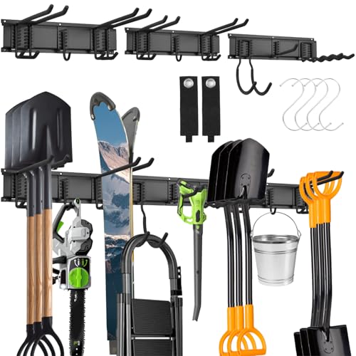 MHHO WG Organizador de Herramientas de Pared Resistente 48 Pulgadas, Estante de Garaje y Jardín con 9 Ganchos de Acero para Escaleras, Escobas, Palas, Rastrillos y Herramientas de Jardín