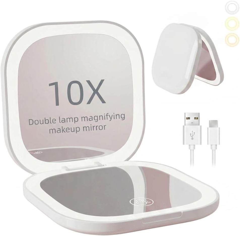 Folding Travel Makeup Mirror with LED Lights - Compact Double-Sided 1X/10X Magnifying Mirror, Portable Handheld Vanity Mirror for On-The-Go, Road Trips, USB Charging (White)