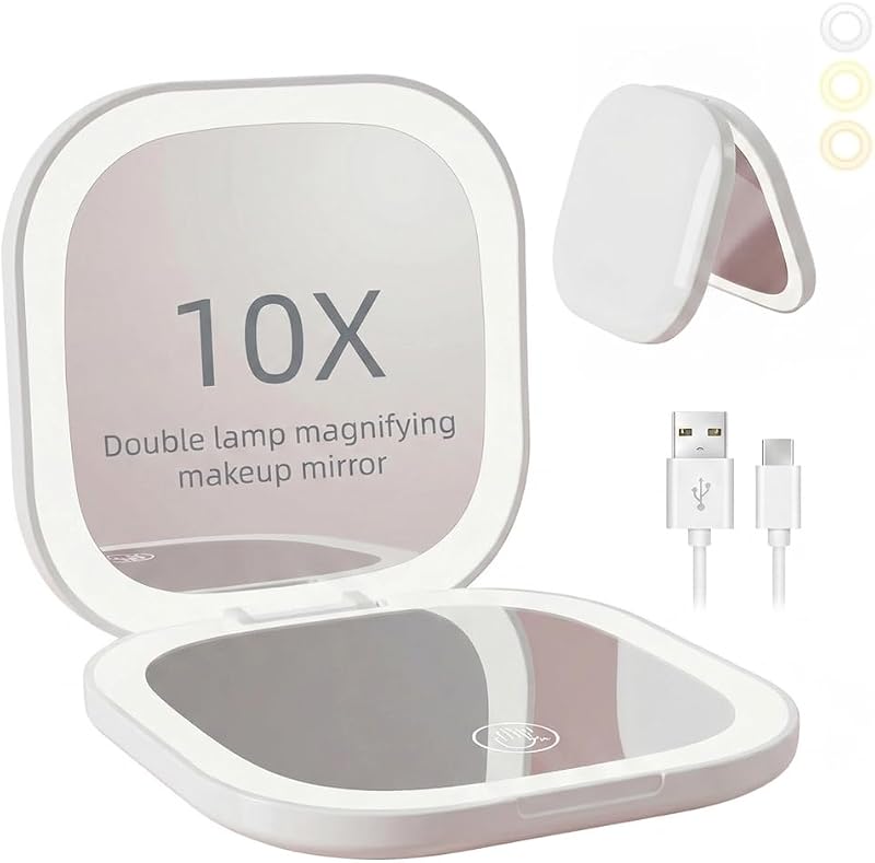 Espelho compacto dobrável Denavio com iluminação LED, dupla face 1X/10X, recarregável via USB-C, branco