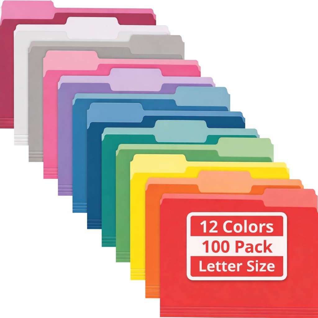 Enday Colored File Folders Letter Size (100 Pack) 12 Assorted Colors, 1/3 Cut Tabs Color File Folders, Two Tone Colored Folders for School Home Office Documents Organization