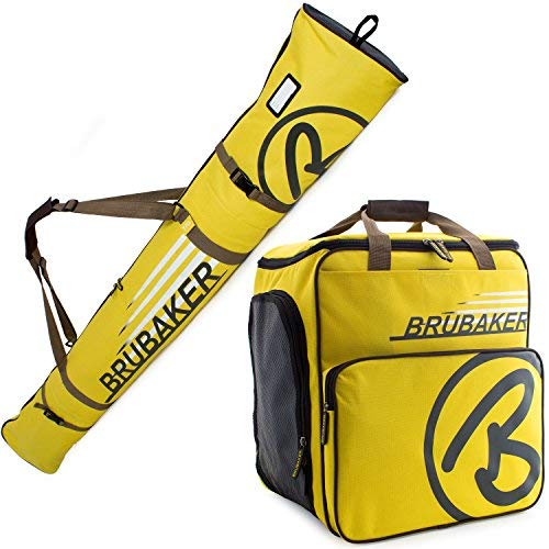 BRUBAKER Champion Combo - Limited Edition - Ski Boot Bag and Ski Bag for 1 Pair of Ski up to 190 cm, Poles, Boots and Helmet - Yellow Brown