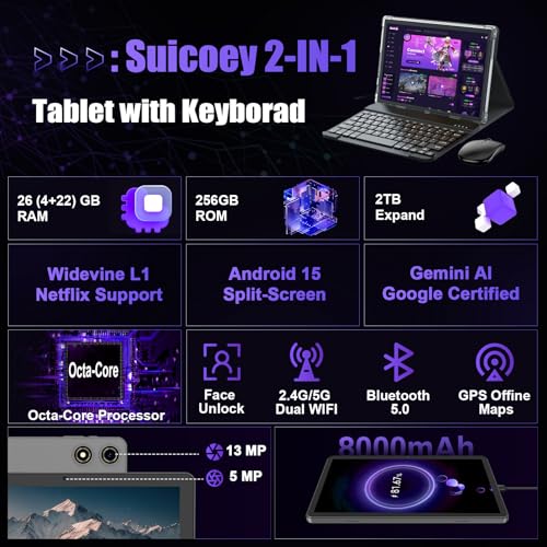 Image of Android Tablet 10 inch, 2026 Android 16 Tablet with Keyboard, 26GB+256GB (2TB Expand), Gemini AI Tablet with 8-Core, 8000mAh, 5G WiFi, Widevine L1, 2 in 1 Tablets PC with Case /Mouse /Stylus-Pink Case