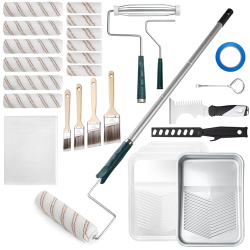 Mister Rui 28 Pack Paint Roller Kit with Extension Pole, 4" & 9" Paint Roller with Tray, Professional Paint Brushes Set, Painting Supplies for Home Interior, Walls, Ceilings