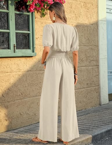 LOOKBOHO Womens Jumpsuits Short Sleeve V Neck Dressy Casual Wide Leg Pants Romper 2026 Summer One Piece Outfits — view 3