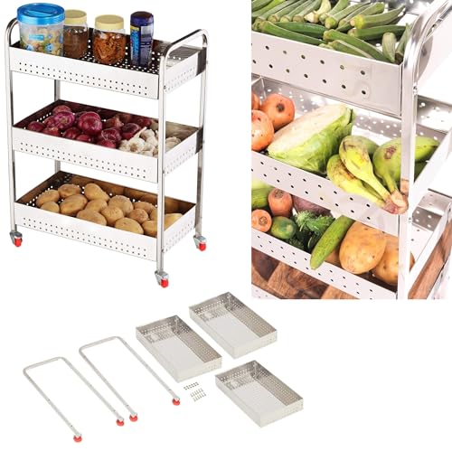Image of Stainless Steel Kitchen Trolley Fruits & Vegetable Basket Spice Container Organizer Rack for Kitchen Multipurpose Kitchen Rotating Trolley for Onion Potato Storage Basket (LWH: 44 x 23 x 61CM)