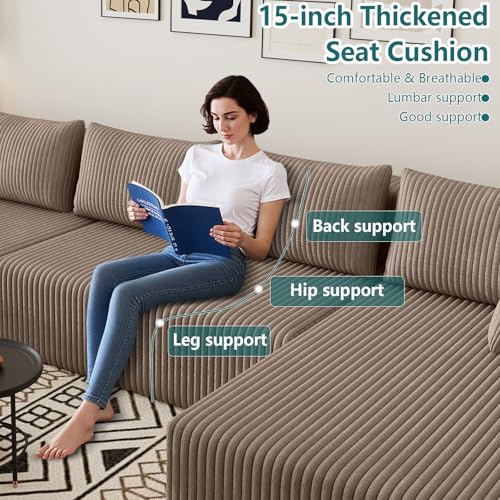 Image of 160 inch U-Shape Cloud Couch, Modern Modular Sectional U-Shape Sofa, Corduroy Boneless Couch Upholstered Couches Deep Seat Sleeper Chaise Longue for Living Room, No Assembly Required,Camel
