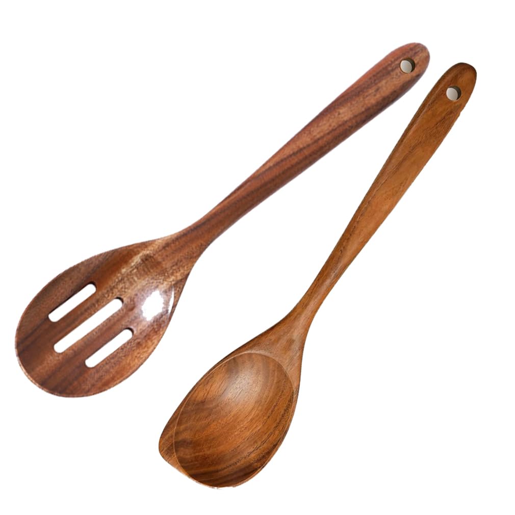 2Pcs Wooden Spoons for Cooking, Natural Teak Wood Corner Spoon and Slotted Spoon, Nonstick Smooth Wooden Cooking Spoon Set, Heat Resistant Wooden Utensils, for Cookie Non Stick Kitchen Utensil