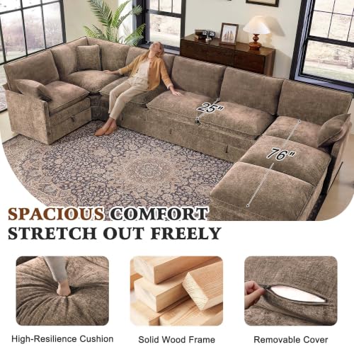 Image of Ihanherry Oversized Modular Sectional Sofa with Storag, 8-Seater V Shaped Cloud Couch with Movable Ottomans, Chenille Deep Seat Corner Couches for Living Room (Brown)