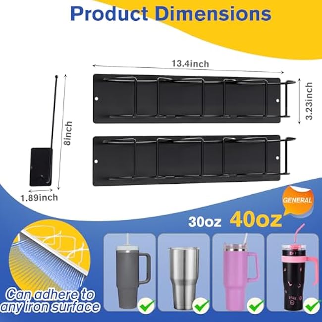 Magnetic Stanley Cup Holder for Refrigerator,Water Bottle Organizer for Stanley 40 & 30 oz Tumbler with Handle, Tumbler Lid Organizer, Cup Organizer for Kitchen cabinets,Stanley Cup Accessories Black