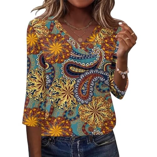 AKEWEI 3/4 Length Sleeve Womens Tops V Neck T Shirts Dressy Casual Pleated Spring Fashion 2026 Work Blouses