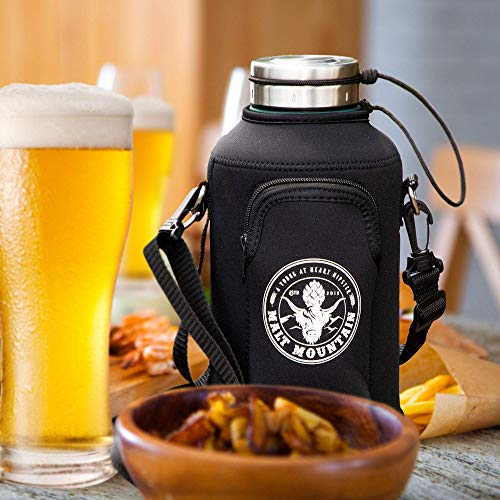 Malt Mountain Insulated Beer Growler, 64 oz, Double-Wall Stainless Steel, with Travel Bag - Vacuum Sealed Growlers for Cold Beer - 24 Hour Temperature and Carbonation - Drink Canister Jugs for Camping