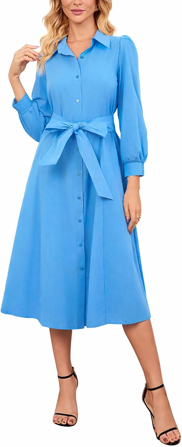 Ladyful Women's Long Sleeve Cotton Midi Shirt Dress Button Down Belted Casual A-line Flowy Tie-Waist Collared Dresses